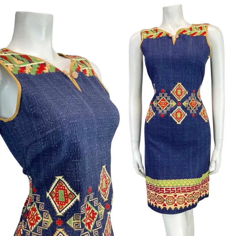 Super Deal VINTAGE 60s 70s BLUE YELLOW GREEN AZTEC GEOMETRIC MOD MINI SHIFT DRESS 8