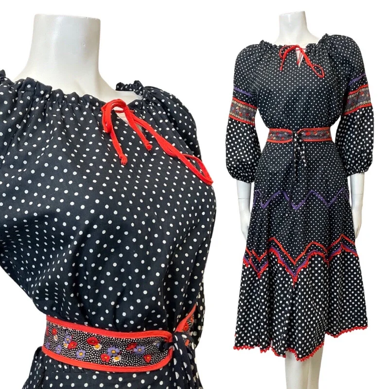 Value Deals VINTAGE 60s 70s BLACK WHITE RED POLKA-DOT FLORAL BOHO FOLK SWING DRESS 8 10