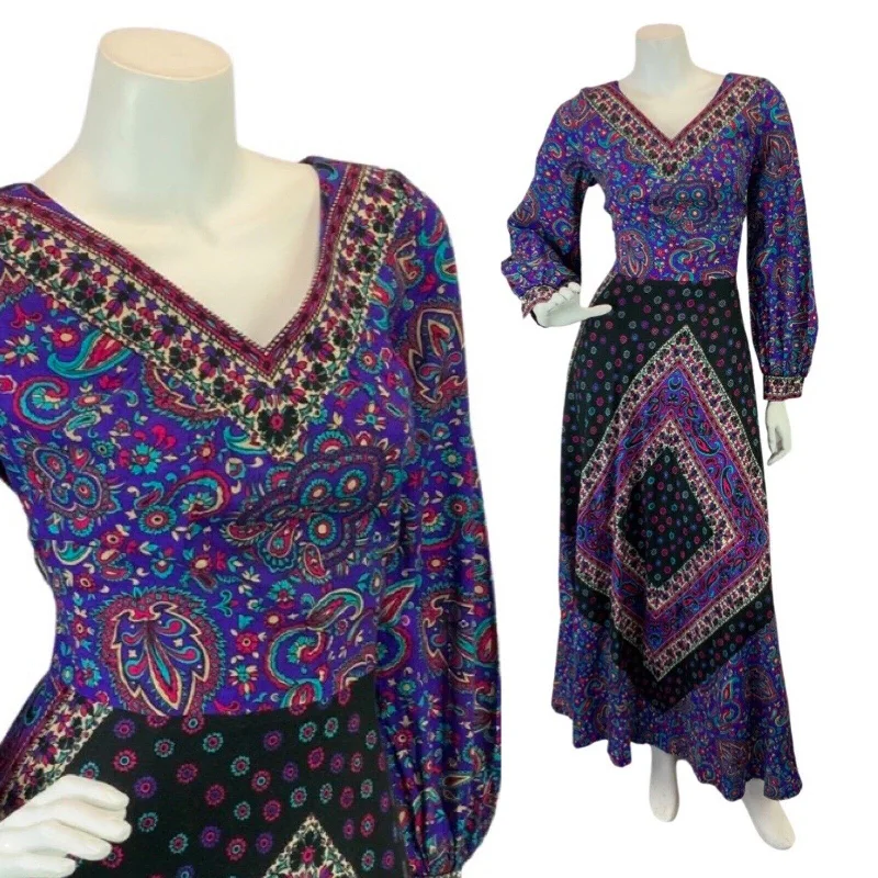 Closeout VINTAGE 60s 70s PURPLE BLACK TEAL PAISLEY FLORAL BOHO FOLK MAXI DRESS 10 12