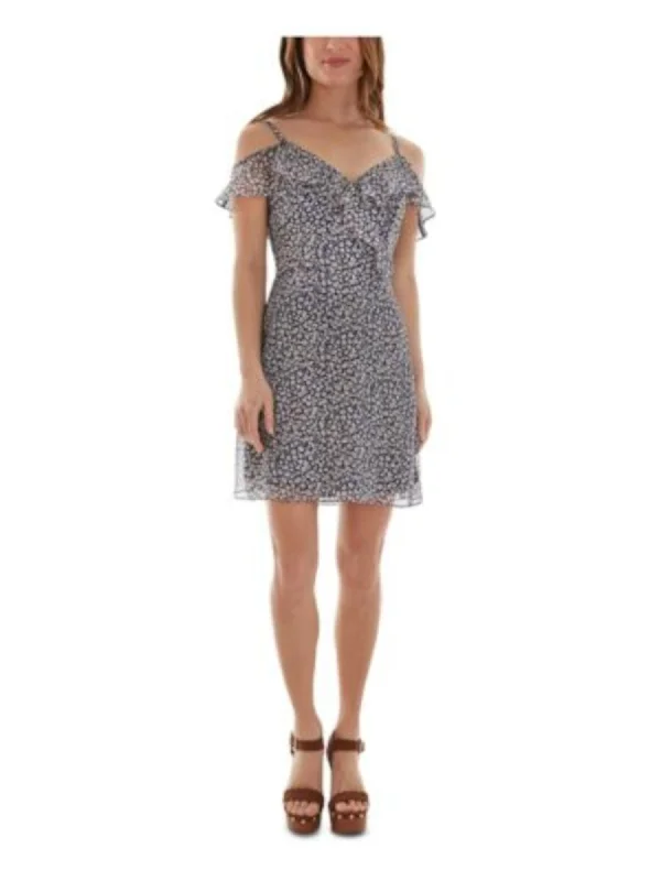 The Best Prices BCX DRESS Womens Navy Zippered Floral V Neck Short Evening Sheath Dress