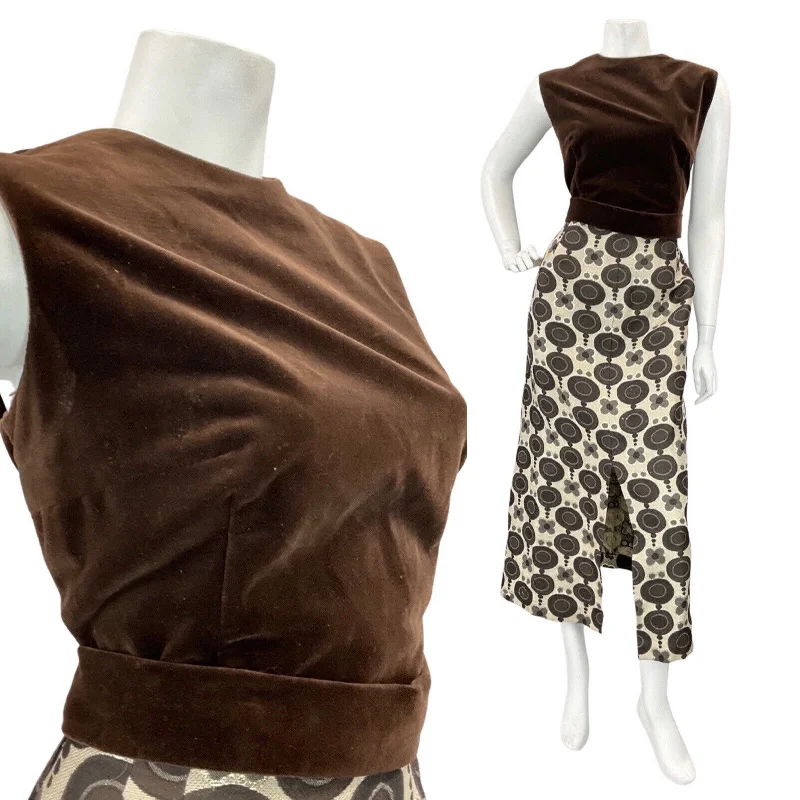 Act Fast VINTAGE 60s 70s BROWN GOLD DAISY CIRCLE VELVET SLEEVELESS BELTED MAXI DRESS 14