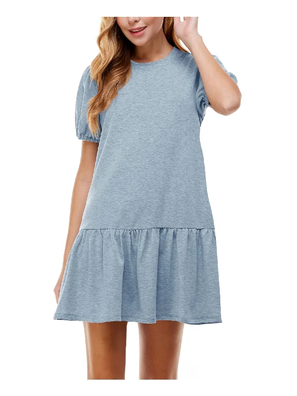 Customer Appreciation Sale KINGSTON GREY Womens Light Blue Ruffled Short Sleeve Round Neck Short Drop Waist Dress