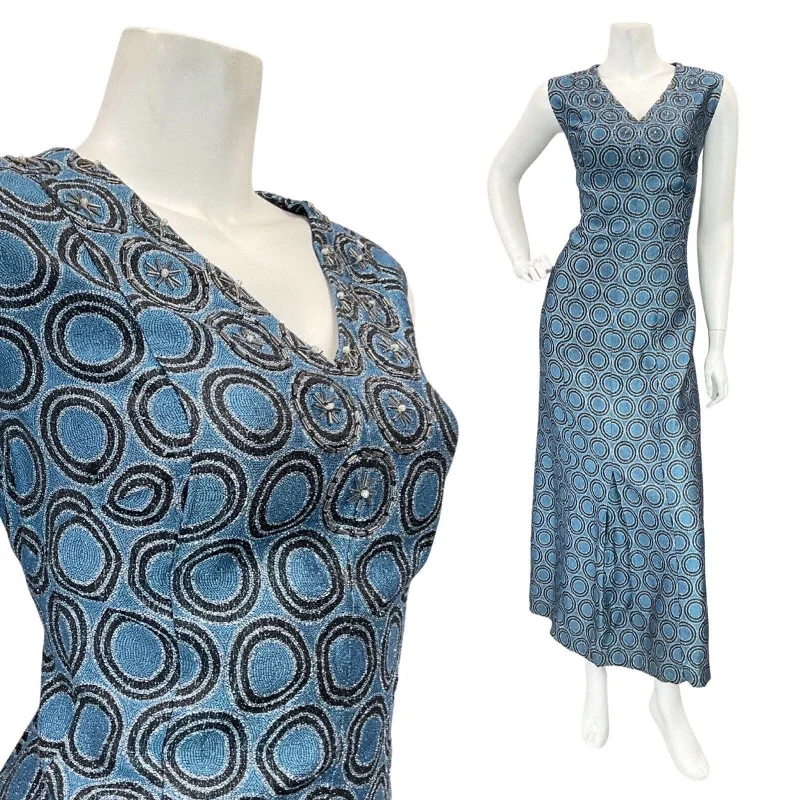 Deal Zone VINTAGE 60s 70s BLUE BLACK SILVER GEOMETRIC LUREX GLITTER MAXI GOWN DRESS 14 16