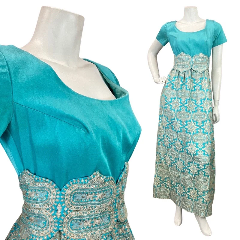 Stock Up and Save VINTAGE 70s BLUE GOLD SILVER EMBROIDERED STUDIO 54 PARTY EMPIRE MAXI DRESS 10