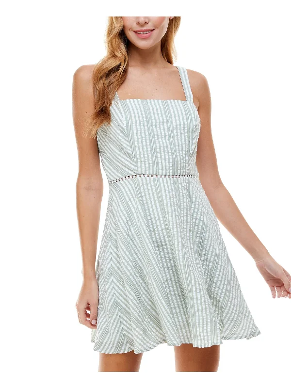 Price Meltdown CITY STUDIO Womens Green Zippered Bow At Back Striped Sleeveless Square Neck Short Fit + Flare Dress
