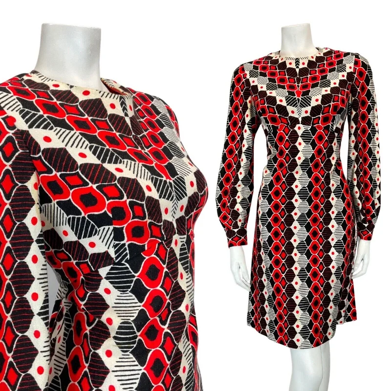 Act Fast VINTAGE 60s 70s RED BLACK WHITE GEOMETRIC DIAMOND LONGSLEEVE DRESS 12