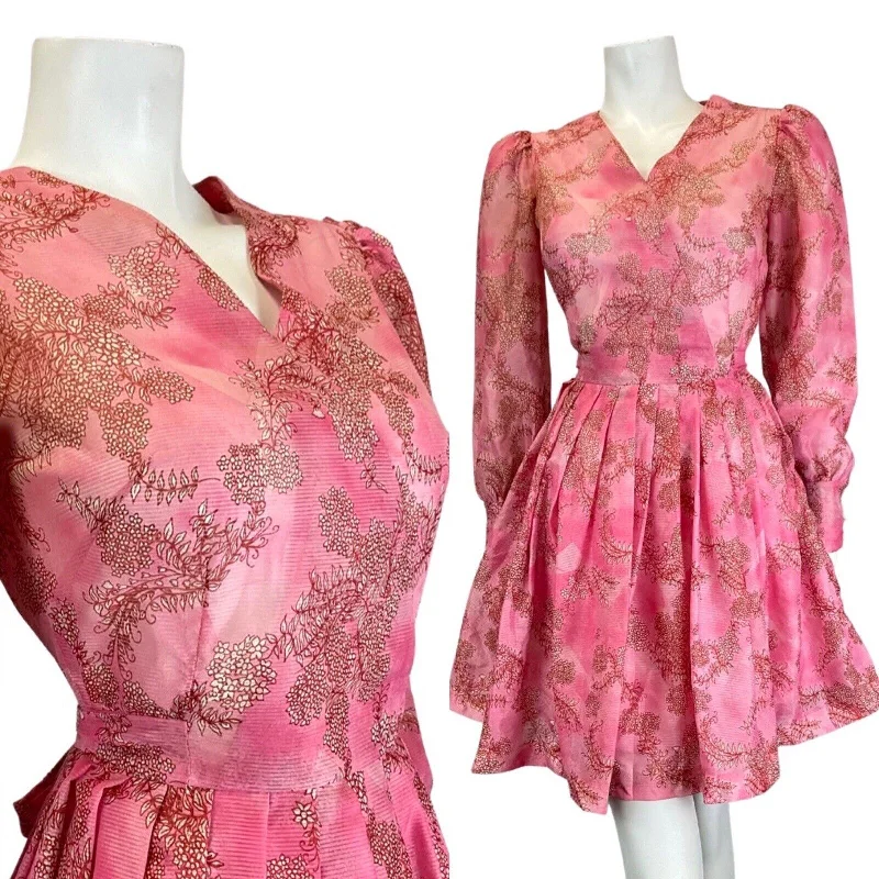 Super Bargain VINTAGE 60s 70s ROSE PINK RED FLORAL DITSY FLOATY SHEER MINI SWING DRESS 6