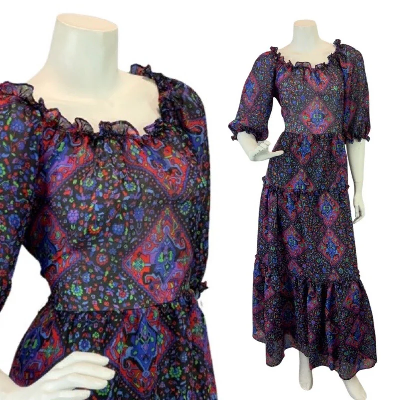Deal Explosion VINTAGE 60s 70s PURPLE BLACK GREEN GEOMETRIC RUFFLED SHEER MOD BOHO MAXI DRESS 8