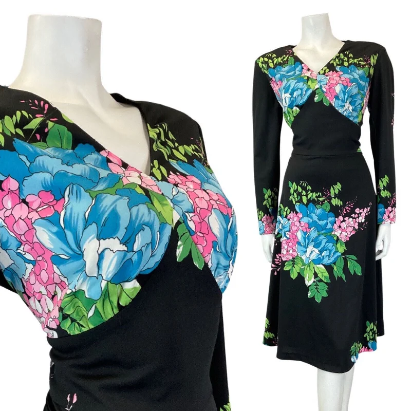 Savings Galore VINTAGE 60s 70s BLACK BLUE PINK FLORAL BOUQUET LONG SLEEVE MIDI DRESS 14 16