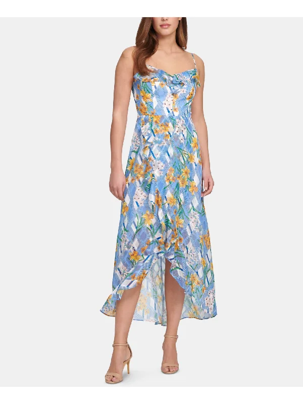 Limited Time KENSIE Womens Ruffled Printed Spaghetti Strap V Neck Tea-Length Hi-Lo Dress Limited Time KENSIE Womens Ruffled Printed Spaghetti Strap V Neck Tea-Length Hi-Lo Dress