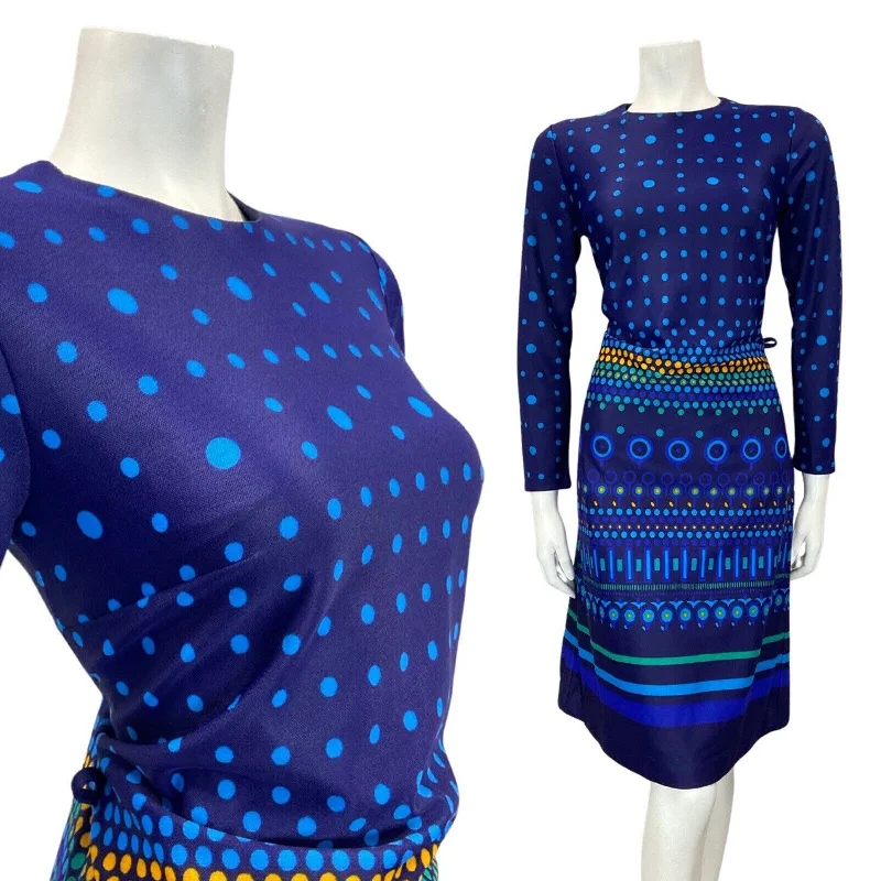 Steals and Deals VINTAGE 60s 70s BLUE YELLOW GREEN DOTTY GEOMETRIC MOD LONG-SLEEVE DRESS 10