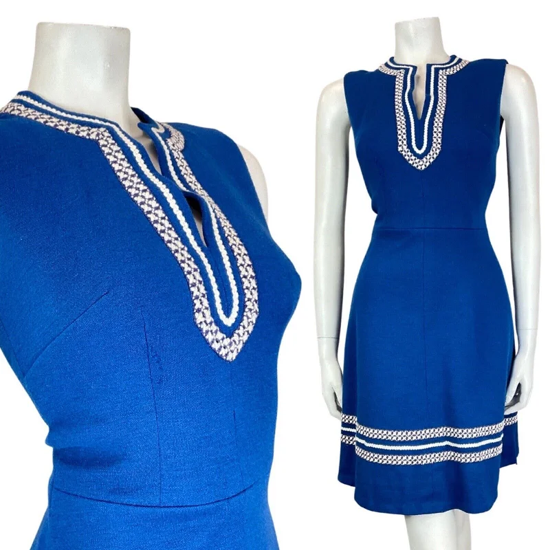 Fantastic Deals VINTAGE 60s 70s BRIGHT BLUE WHITE EMBROIDERED MOD SLEEVELESS WOOL DRESS 8