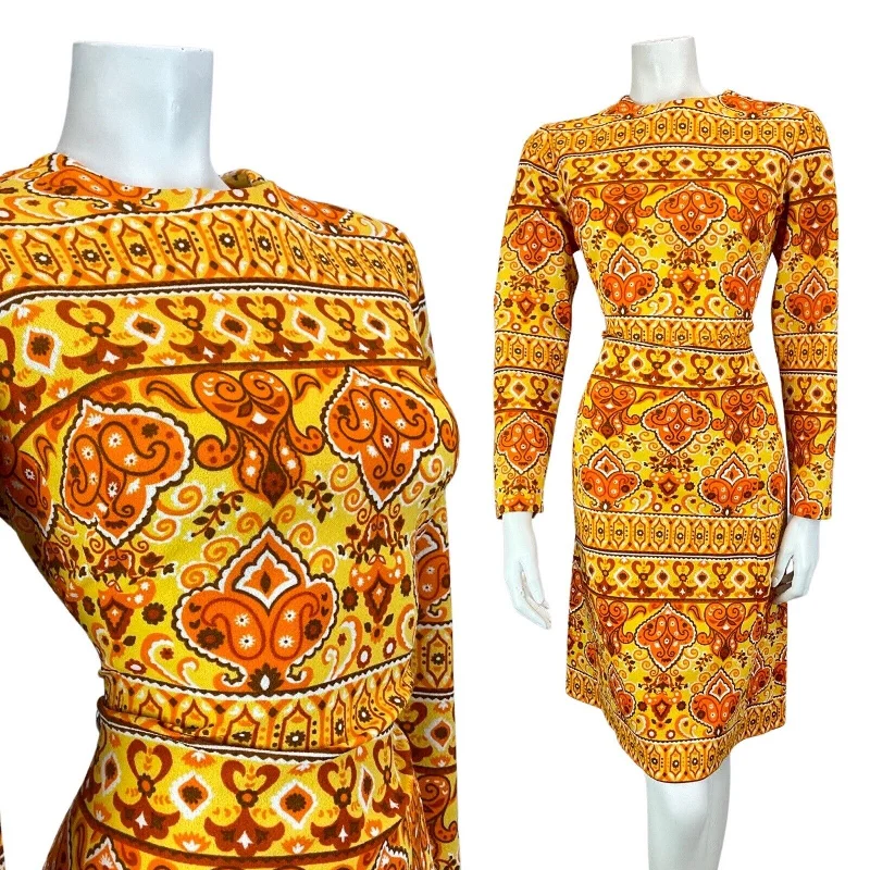 Daily Deals VINTAGE 60s 70s YELLOW BROWN ORANGE MANDALA FLOWER PSYCHEDELIC FITTED DRESS 12