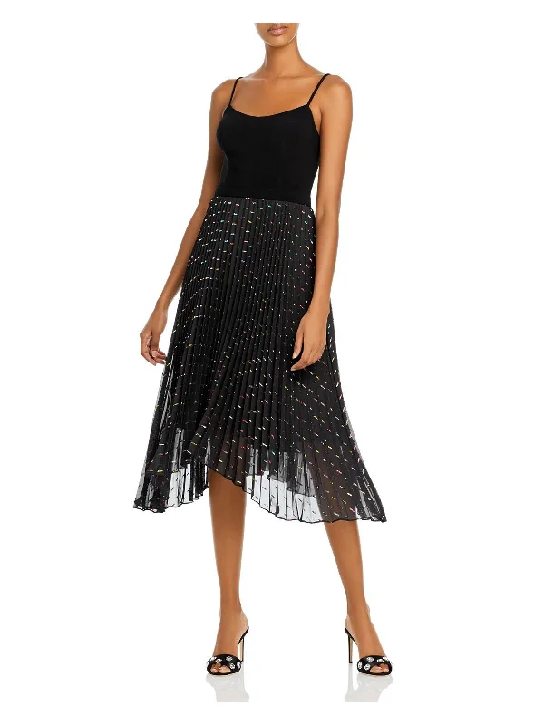 Shop and Save AQUA Womens Black Glitter Sheer Zippered Printed Spaghetti Strap Scoop Neck Midi Evening Accordion Pleat Dress