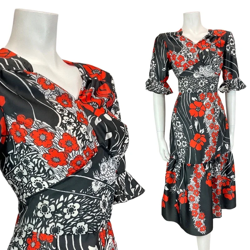 Final Clearance VINTAGE 60s 70s BLACK WHITE RED PSYCHEDELIC FLORAL RUFFLED SWING DRESS 10