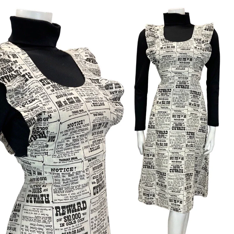 Limited Time Offer VINTAGE 60s 70s WHITE BLACK NEWSPAPER WANTED POSTER APRON PINAFORE DRESS 10 12