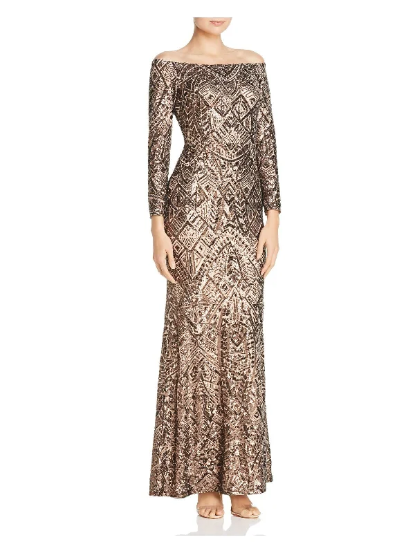 Major Savings AQUA Womens Sequined Zippered Long Sleeve Off Shoulder Full-Length Formal Body Con Dress