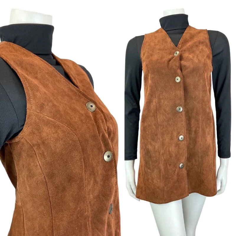 Unmissable Offer VINTAGE 60s 70s WARM BROWN SUEDE LEATHER BOHO SLEEVELESS PINFORE PINNY DRESS 4