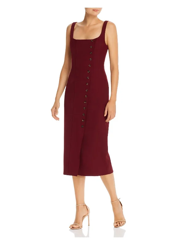 Customer Appreciation Sale FAME AND PARTNERS Womens Button Up Spaghetti Strap Square Neck Below The Knee Evening Sheath Dress