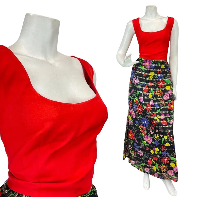 Exclusive Savings VINTAGE 60s 70s RED BLACK GREEN FLORAL DAISY MOD SLEEVELESS MAXI DRESS 8 10