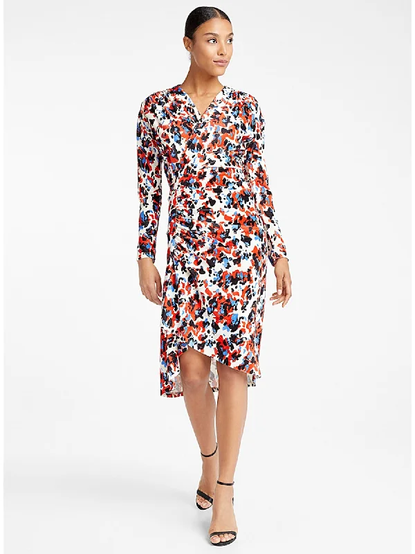 Season Finale Sale Atlein Womens Patterned Long Sleeve V Neck Below The Knee Evening Hi-Lo Dress