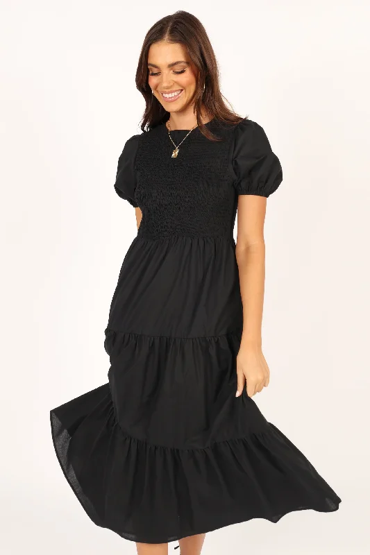 Price Reduction Naura Shirred Tiered Midi Dress - Black