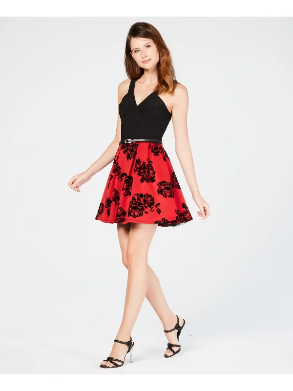 Special Savings CRYSTAL DOLLS Womens Embellished Floral Sleeveless V Neck Mini Party Fit + Flare Dress