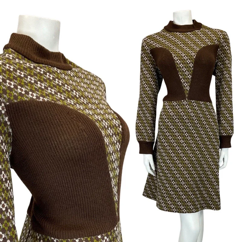 Stock Clearance VINTAGE 60s 70s BROWN GREEN DAISY FLOWER STRIPED KNITTED LONGSLEEVE DRESS 14 16