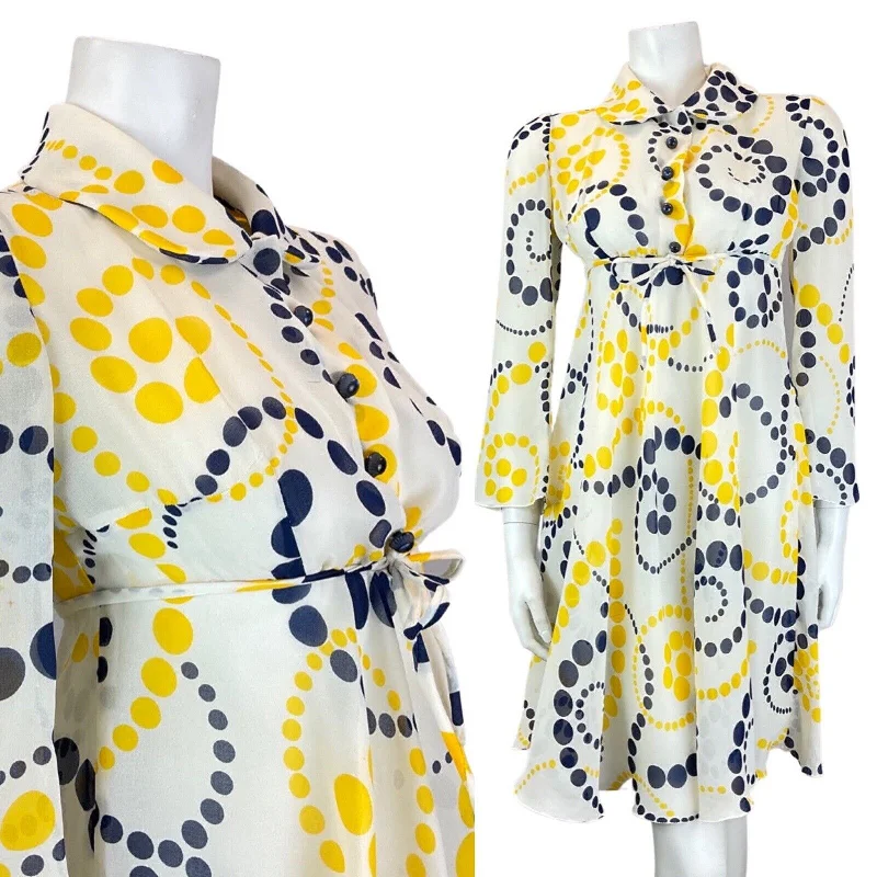 Can't Be Beat VINTAGE 60s 70s WHITE BLUE YELLOW SHEER SPIRAL DOTTY MOD SHEER SWING DRESS 8