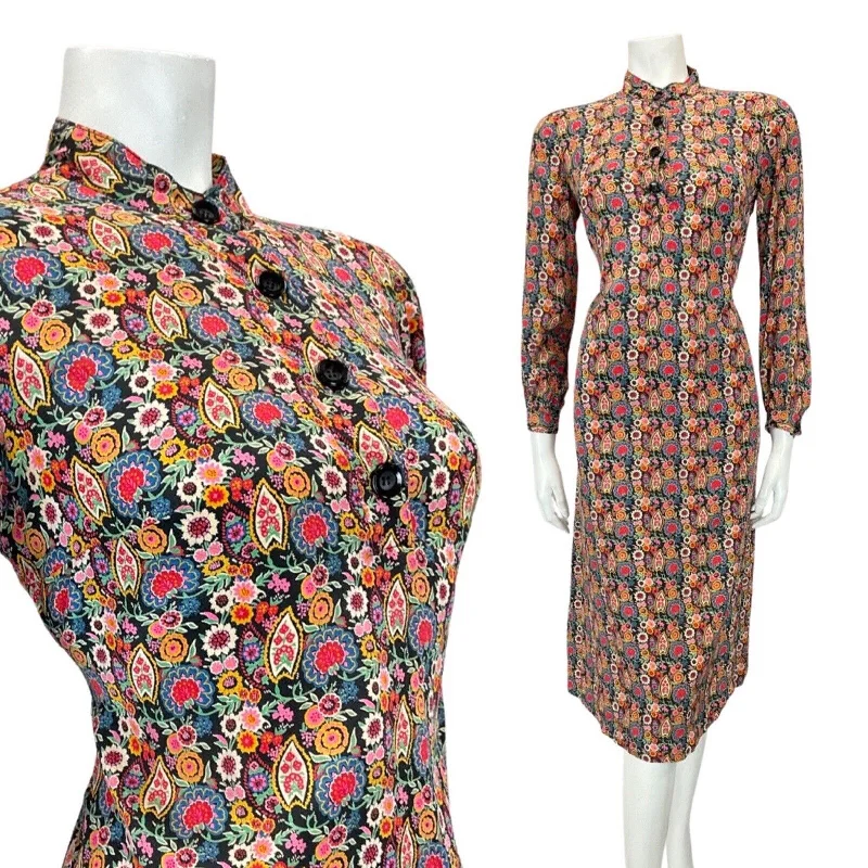 Fantastic Offers VINTAGE 60s 70s BLACK PINK GREEN PSYCHEDELIC FLORAL STRAIGHT-CUT MOD DRESS 8