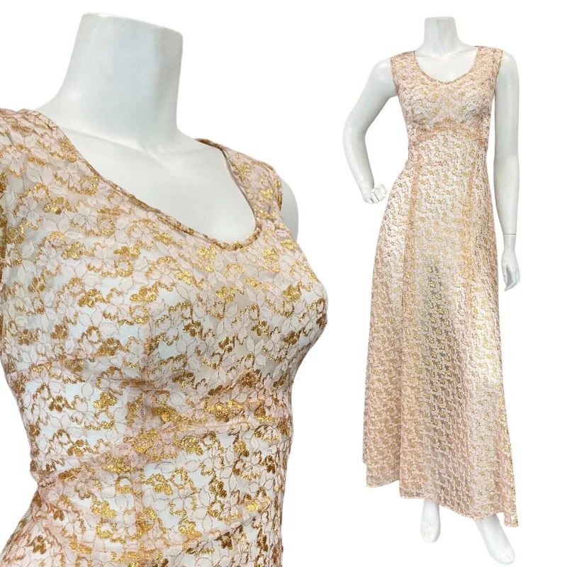 Deal Explosion VINTAGE 60s 70s GOLD WHITE FLORAL LACE SHEER SLEEVELESS PARTY MAXI DRESS 8 10