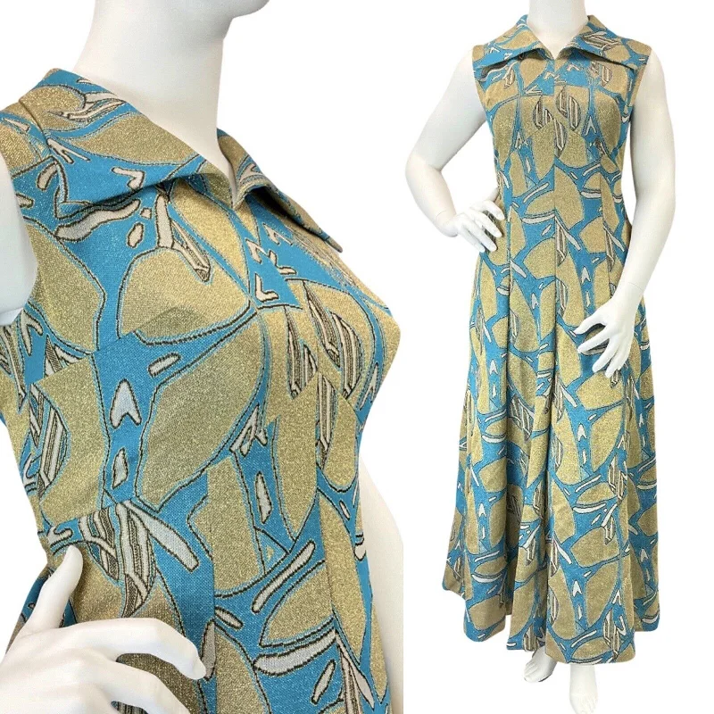 Savings Event VINTAGE 60s 70s BLUE GOLD PSYCHEDELIC WING COLLAR SLEEVELESS MAXI DRESS 16