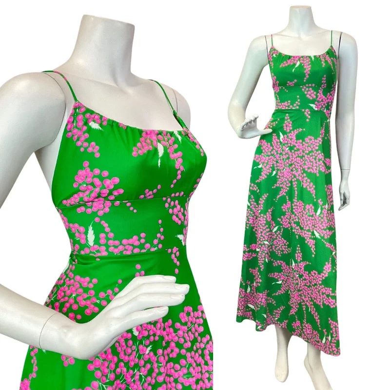 Massive Deals VINTAGE 60s 70s APPLE GREEN PINK FLORAL BLOSSOM SPAGHETTI STRAP MAXI DRESS 8