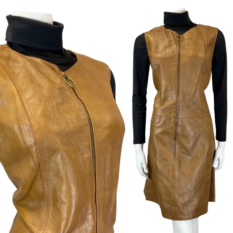 Inventory Reduction VINTAGE 60s 70s BROWN LEATHER ZIP-UP O-RING MOD BOHO PINAFORE DRESS 10 12