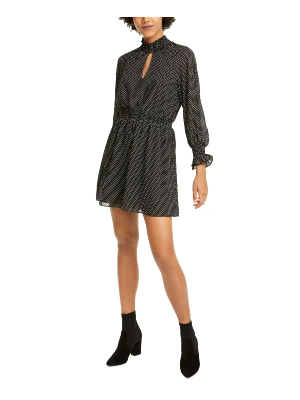 Flash Deals RACHEL ROY Womens Black Polka Dot Long Sleeve Keyhole Short Fit + Flare Dress