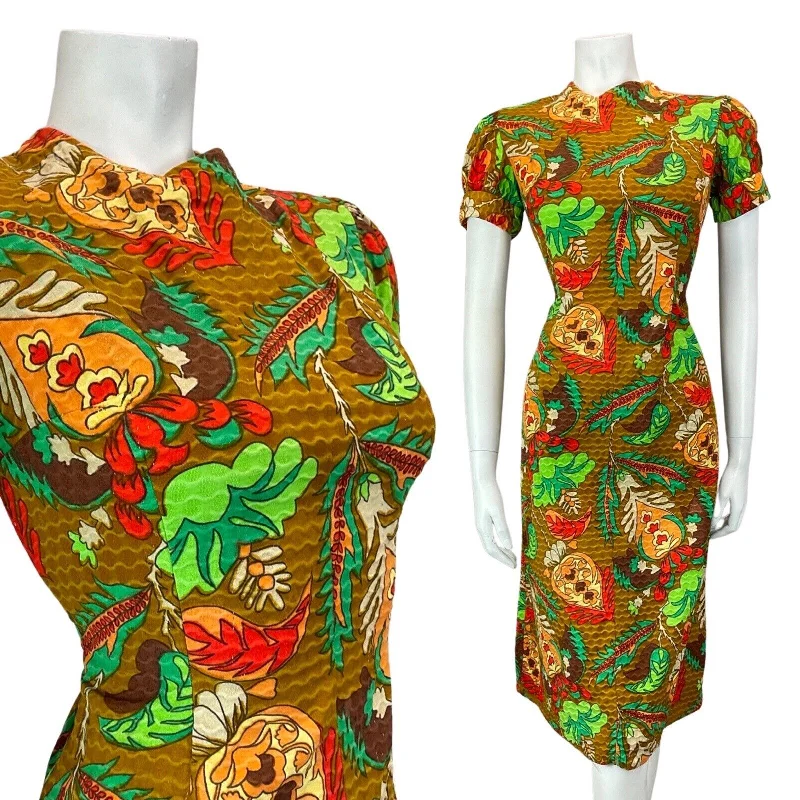 Act Now VINTAGE 60s 70s BROWN RED GREEN TROPICAL FLORAL MOD PUFF SLEEVE SHORT DRESS 10