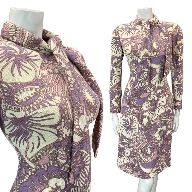 Sale Event VINTAGE 60s 70s PURPLE CREAM PSYCHEDELIC FLORAL PUSSYBOW KNIT DRESS 10 12
