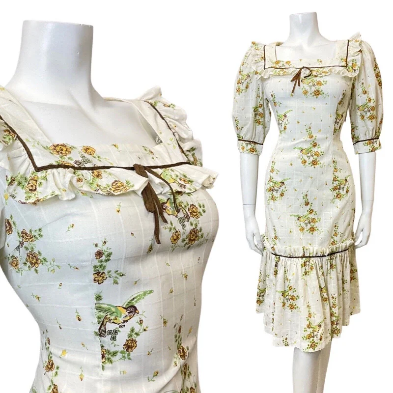 Exclusive Offers VINTAGE 70s WHITE YELLOW BROWN FLORAL BIRD PRAIRIE FOLK RUFFLE MIDI DRESS 10 Exclusive Offers VINTAGE 70s WHITE YELLOW BROWN FLORAL BIRD PRAIRIE FOLK RUFFLE MIDI DRESS 10