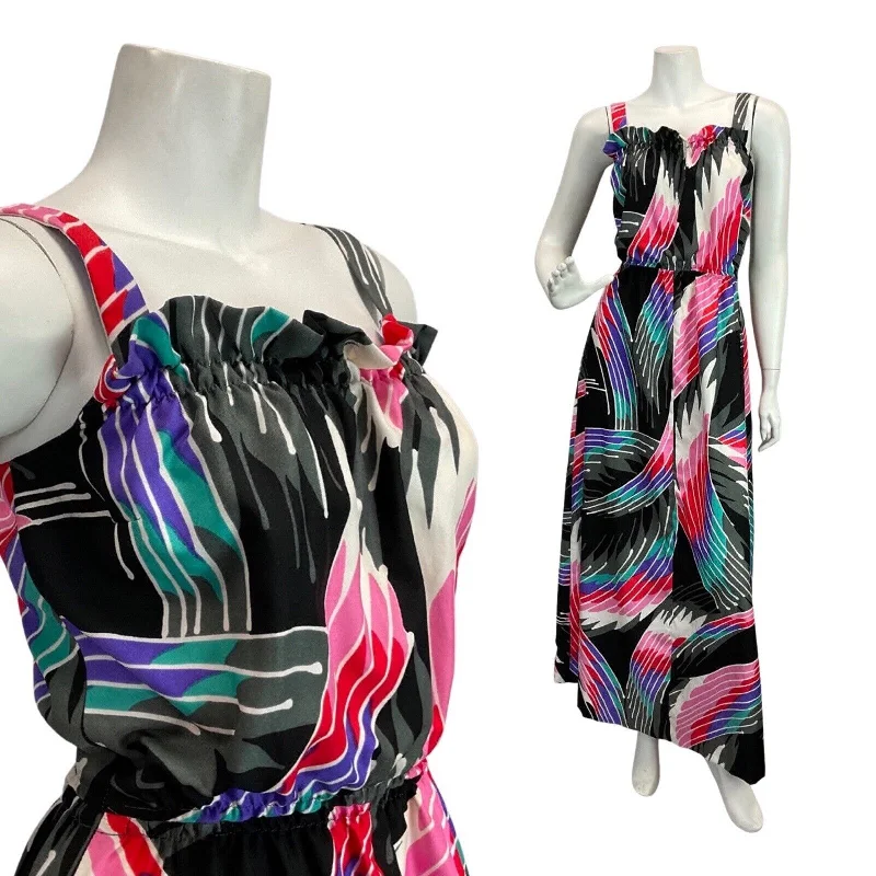 Value Deals VINTAGE 60s 70s BLACK PINK GREY GEOMETRIC STRIPED MOD STRAPPY MAXI DRESS 6 8