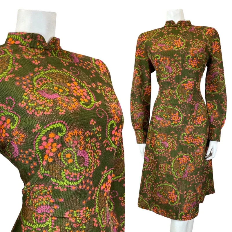 Stock Clearance VINTAGE 60s 70s GREEN PINK ORANGE PAISLEY FLORAL PSYCHEDELIC FLARED DRESS 14