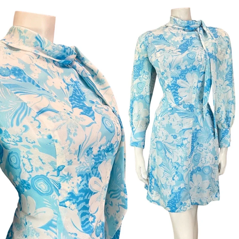 Friends and Family Sale VINTAGE 60s 70s LIGHT BLUE WHITE FLORAL SWIRL PUSSYBOW SHEER SKATER DRESS 8 10