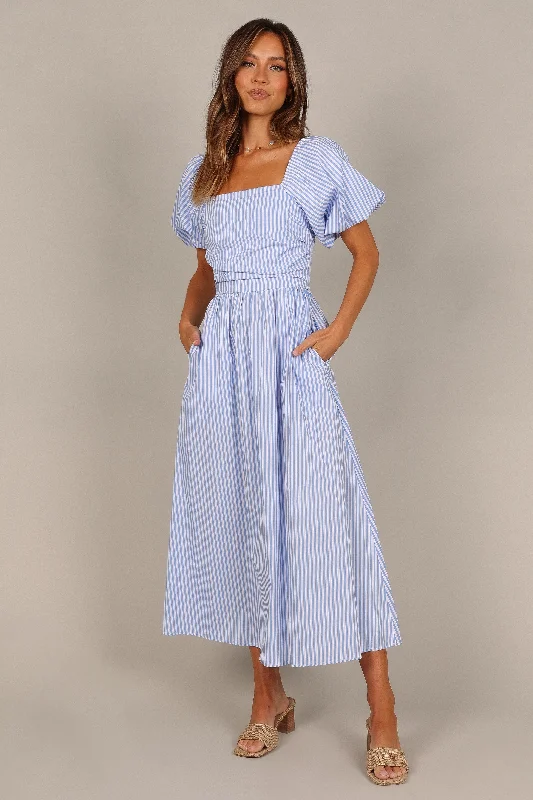 Hot Deal Clo Puff Sleeve Midi Dress - Blue Stripe