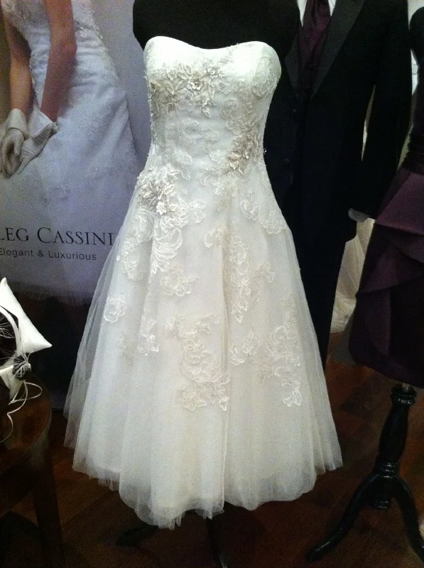 Limited Availability Oleg Cassini Strapless Tulle Embellished Tea Length Gown Style
