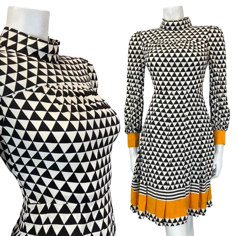 Weekend Special VINTAGE 60s 90s BLACK WHITE YELLOW GEOMETRIC MOD SKATER FLARED DRESS 6 8