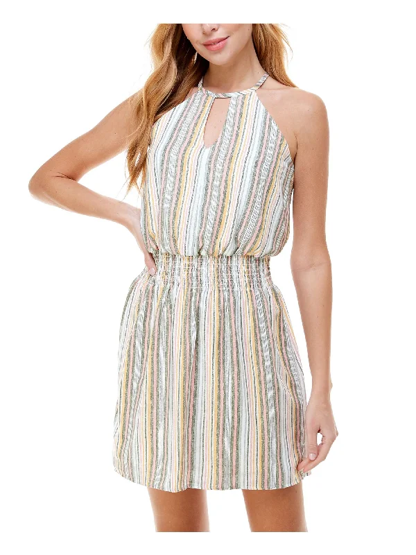 Daily Deals CITY STUDIO Womens Yellow Striped Sleeveless Halter Mini A-Line Dress