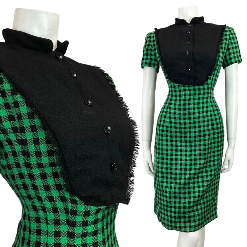 Members Only VINTAGE 60s 70s GREEN BLACK GINGHAM CHECKED MOD FITTED DRESS 8 10