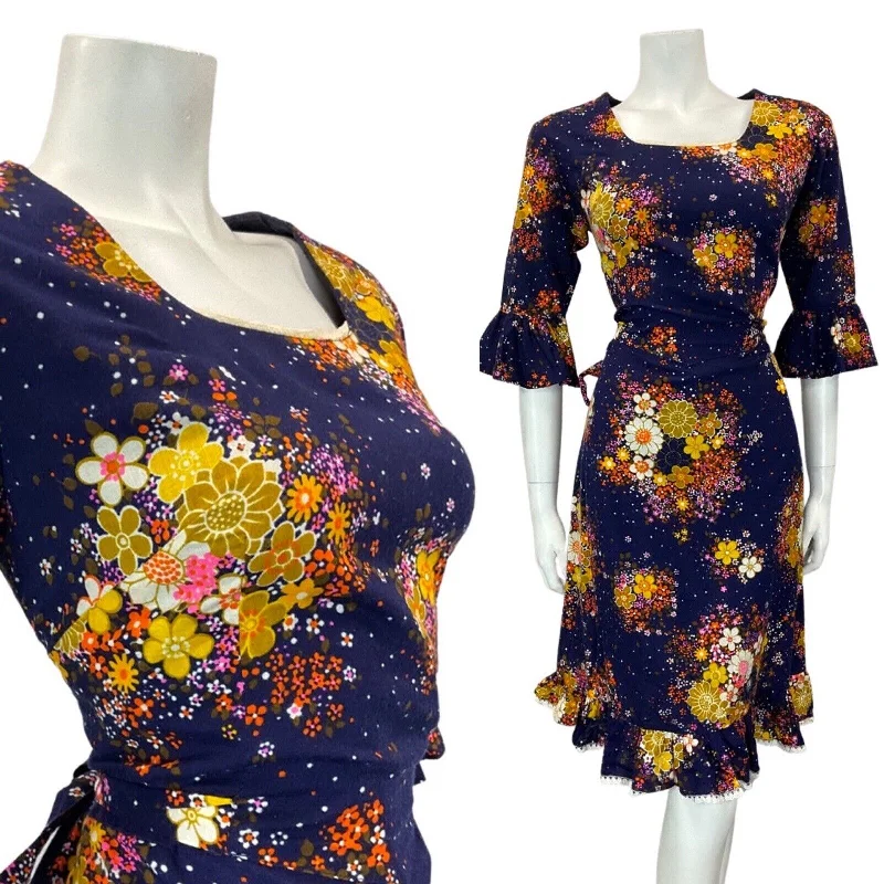 Unmissable Offer VINTAGE 60 70s BLUE ORANGE YELLOW FLORAL BOUQUET FLOUNCE SLEEVE MOD DRESS 12