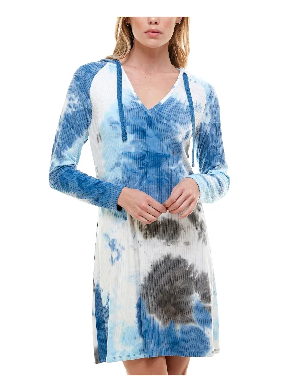 Flash Deals PLANET GOLD Womens Tie Dye Long Sleeve V Neck Short Dress