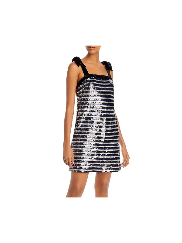 Price Rollback AQUA Womens Sequined Striped Spaghetti Strap Square Neck Short Party Shift Dress