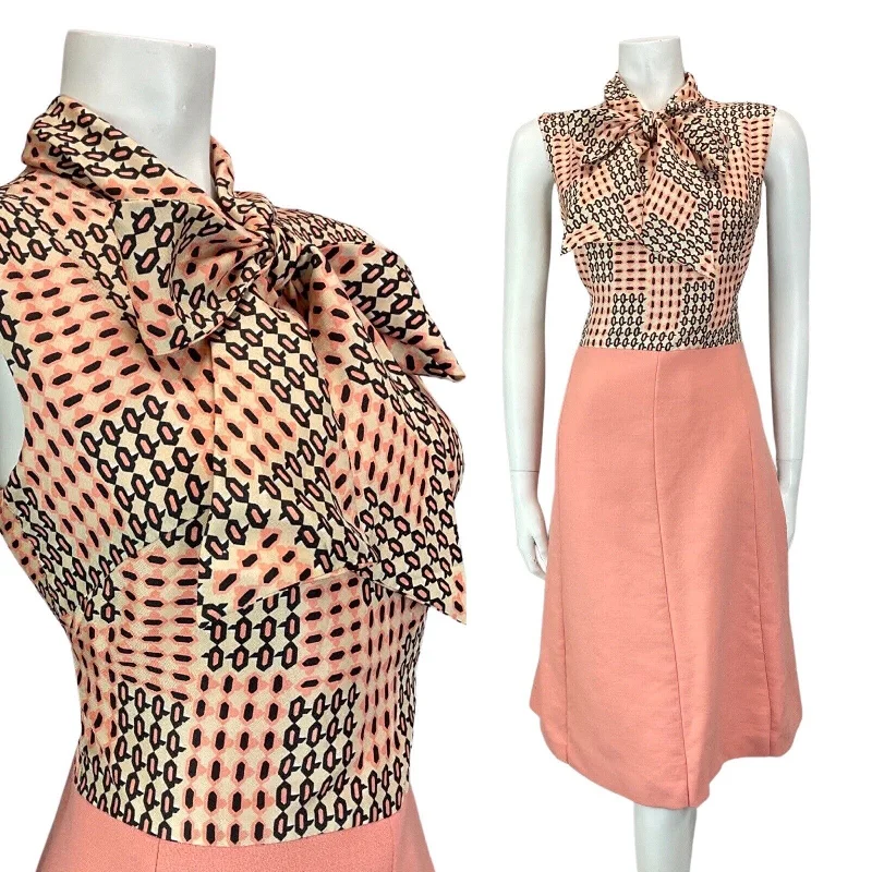 Bargain Bin VINTAGE 60s 70s PINK PEACH BLACK GEOMETRIC PUSSYBOW SLEEVELESS DRESS 12
